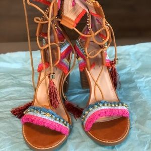 Multi-color tie-up gladiator heeled sandals